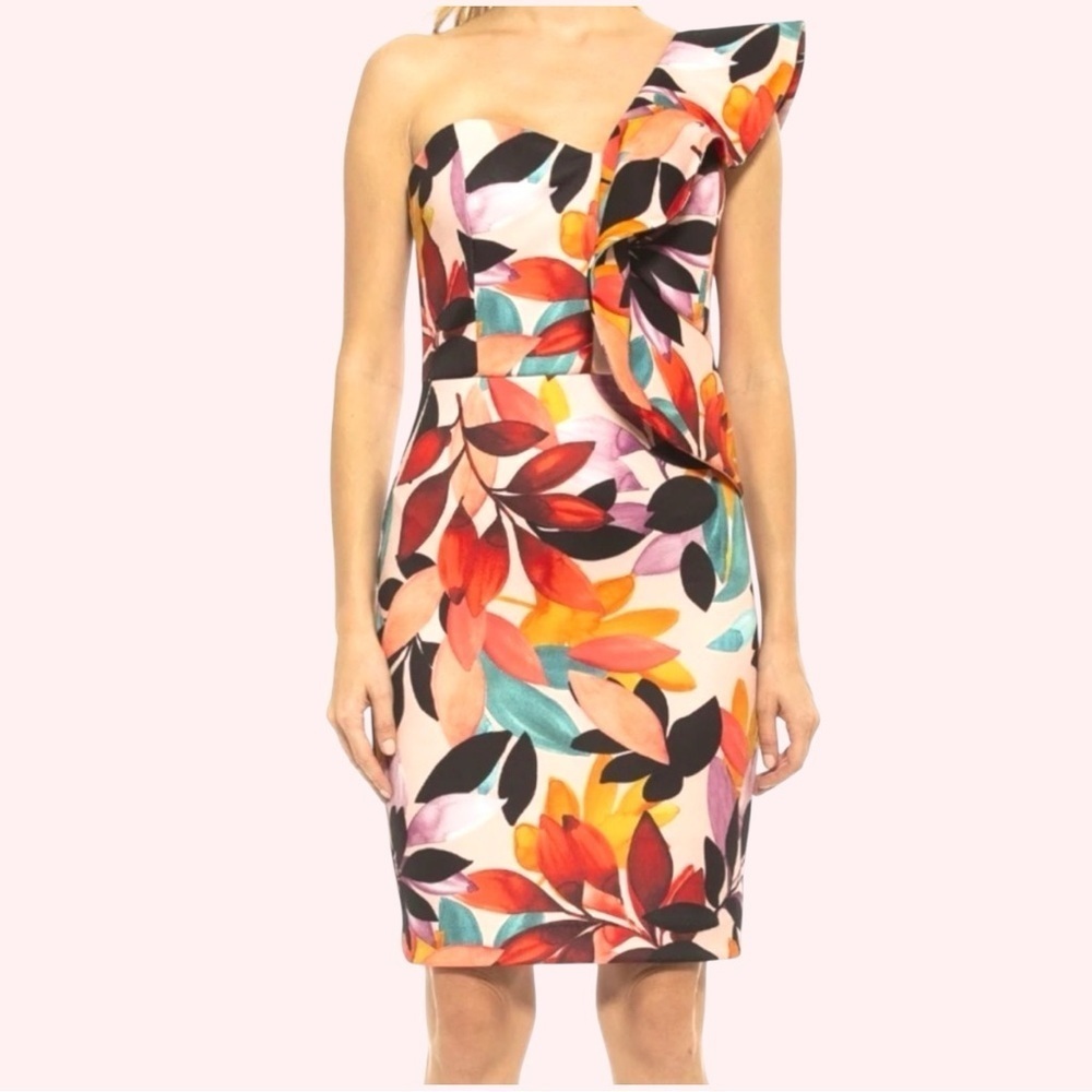 Alexia Admor Victoria One Shoulder Ruffle Pink Tropical Party Mini Dress- Size 8 - Picture 2 of 10